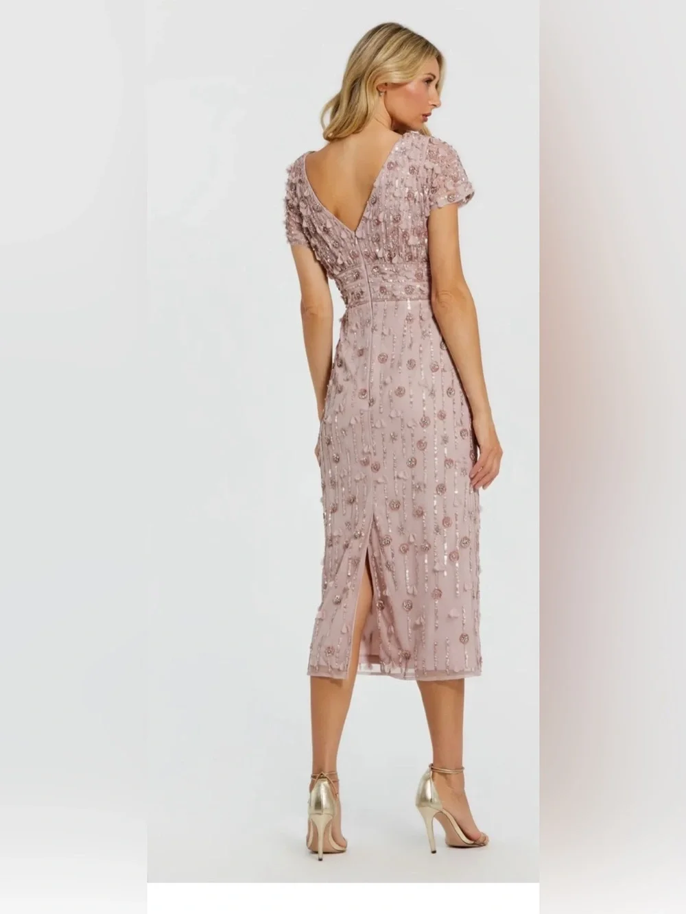 MAC DUGGAL Dress Size 8 NEW Pink Sheath Midi Dress Floral Beading - Picture 11 of 12